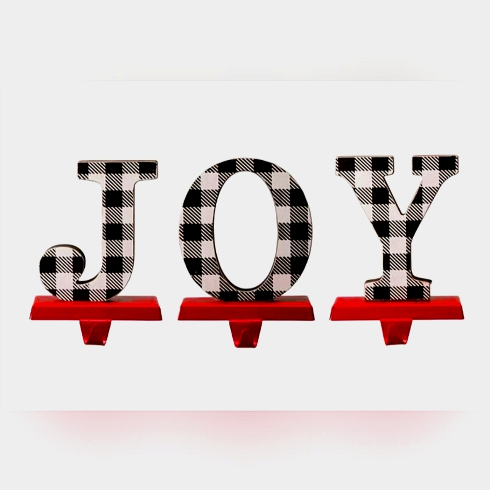 Glitzhome Wooden/Metal JOY Christmas Stocking Holder Set of 3 Black White Plaid